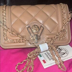 Valentino Orlandi Quilted Beige Crossbody with Gold Chain and Emblem